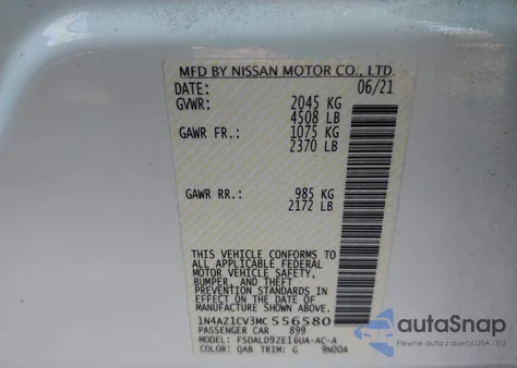 2021 Nissan Leaf Sv 40 Kwh from USA, damaged, VIN 1N4AZ1CV3MC556580